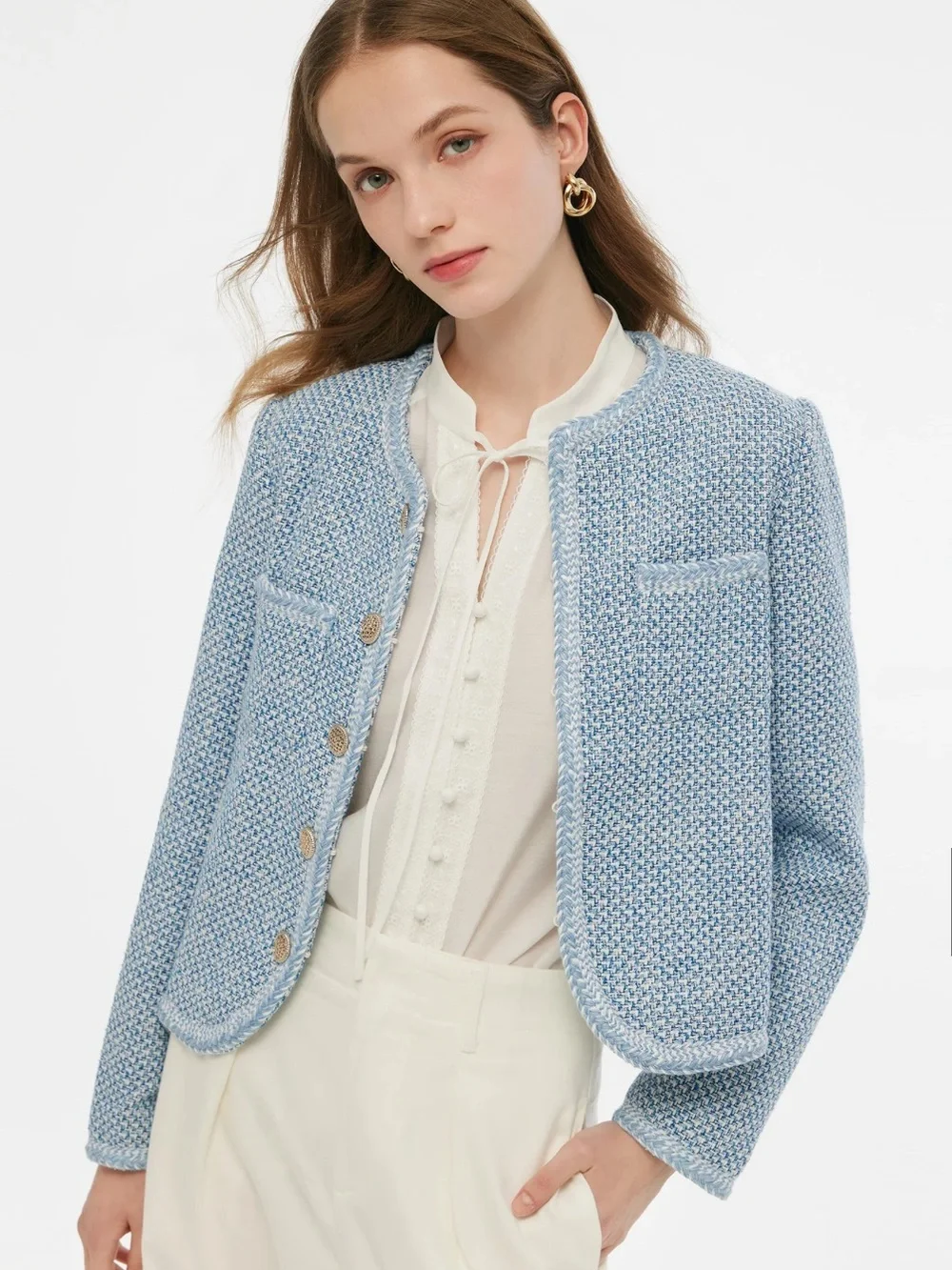 GOELIA Blue White Jacquard Tweed Jacket Sz XL Gold Button Cropped Bouclé Blazer - Picture 6 of 16